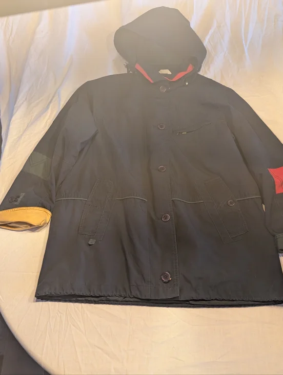 2/40$ Vintage Black Hooded Utility Jacket with Red Trim and Yellow Cuff - Picture 1 of 6